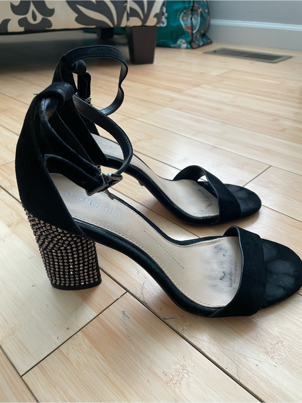 Gianni Bini Black Suede Ankle-Strap Block Heel Sandals with Studded Heel - Picture 3 of 7
